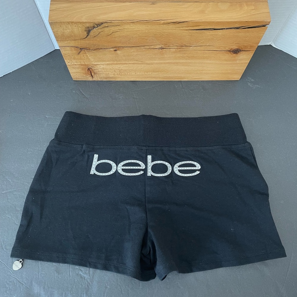 New BEBE Rhinestone Logo Black Shorts Drawstring Size XS  Zippers On Sides